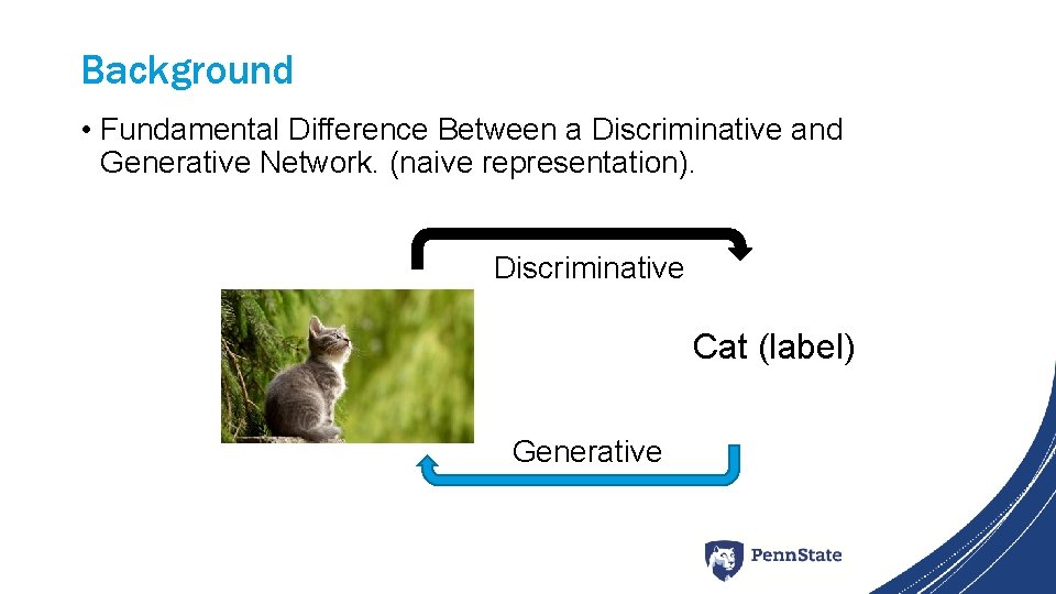 Background • Fundamental Difference Between a Discriminative and Generative Network. (naive representation). Discriminative Cat