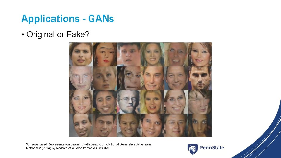 Applications - GANs • Original or Fake? “Unsupervised Representation Learning with Deep Convolutional Generative