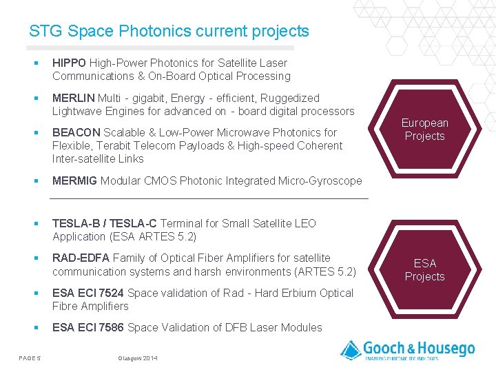 STG Space Photonics current projects § HIPPO High-Power Photonics for Satellite Laser Communications &