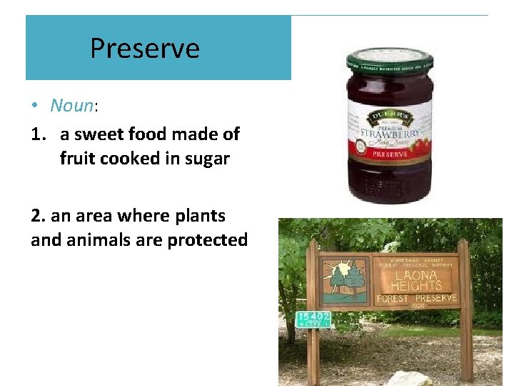 Preserve • Noun: 1. a sweet food made of fruit cooked in sugar 2.