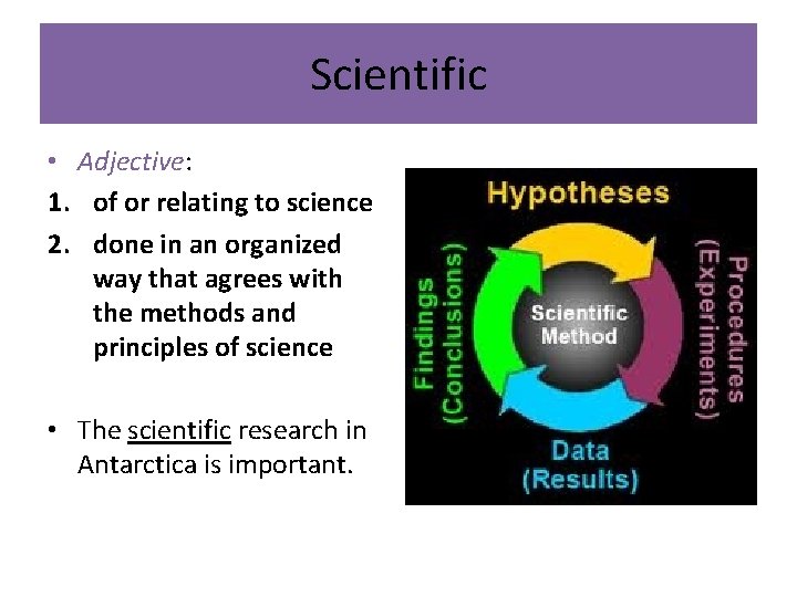 Scientific • Adjective: 1. of or relating to science 2. done in an organized
