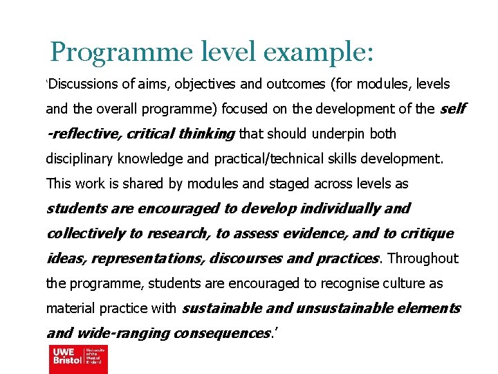 Programme level example: ‘Discussions of aims, objectives and outcomes (for modules, levels and the