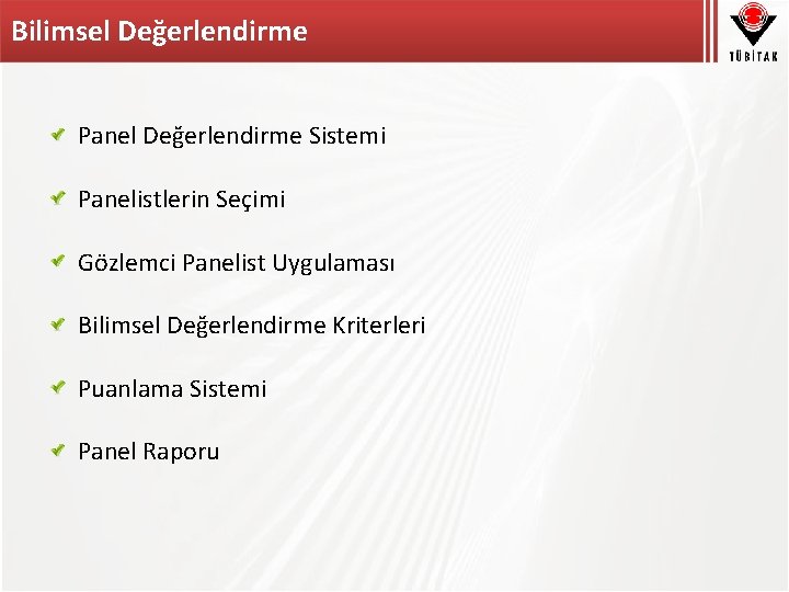 Bilimsel Değerlendirme Panel Değerlendirme Sistemi Panelistlerin Seçimi Gözlemci Panelist Uygulaması Bilimsel Değerlendirme Kriterleri Puanlama