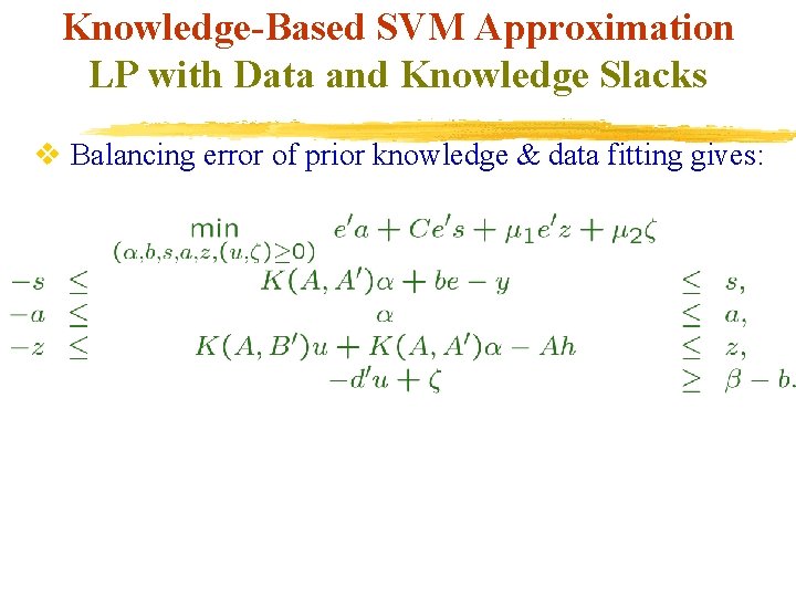 Knowledge-Based SVM Approximation LP with Data and Knowledge Slacks v Balancing error of prior