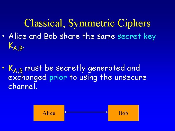 Classical, Symmetric Ciphers • Alice and Bob share the same secret key KA, B.