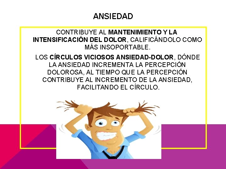 ANSIEDAD CONTRIBUYE AL MANTENIMIENTO Y LA INTENSIFICACIÓN DEL DOLOR, CALIFICÁNDOLO COMO MÁS INSOPORTABLE. LOS