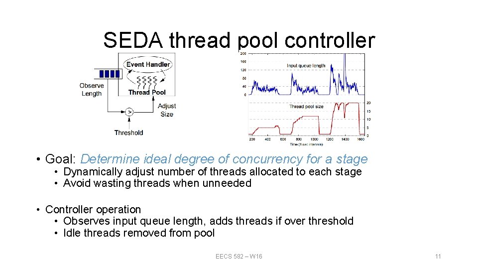 SEDA thread pool controller • Goal: Determine ideal degree of concurrency for a stage