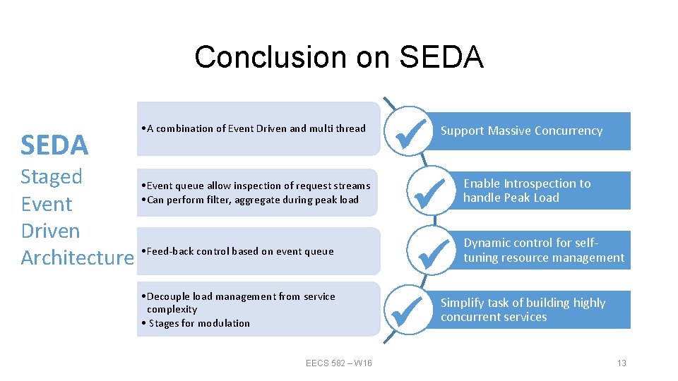Conclusion on SEDA • A combination of Event Driven and multi thread Staged •