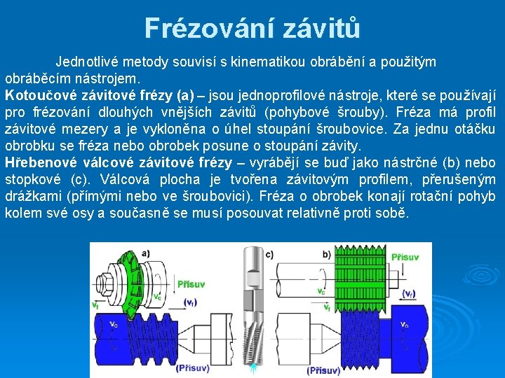 Frézování závitů Jednotlivé metody souvisí s kinematikou obrábění a použitým obráběcím nástrojem. Kotoučové závitové