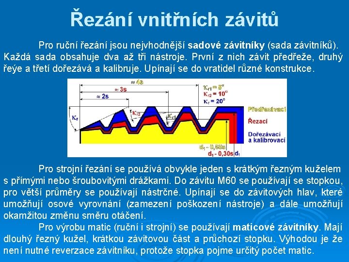 Řezání vnitřních závitů Pro ruční řezání jsou nejvhodnější sadové závitníky (sada závitníků). Každá sada