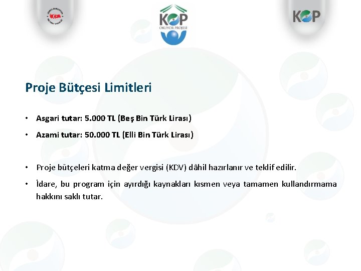 Proje Bütçesi Limitleri • Asgari tutar: 5. 000 TL (Beş Bin Türk Lirası) •