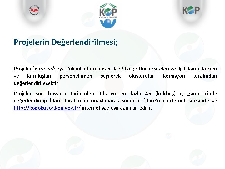 Projelerin Değerlendirilmesi; Projeler İdare ve/veya Bakanlık tarafından, KOP Bölge Üniversiteleri ve ilgili kamu kurum