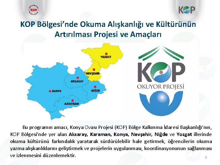 KOP Bölgesi’nde Okuma Alışkanlığı ve Kültürünün Artırılması Projesi ve Amaçları Bu programın amacı, Konya