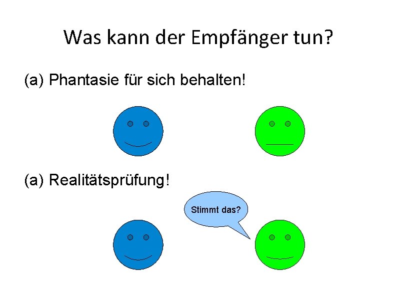 Was kann der Empfänger tun? (a) Phantasie für sich behalten! (a) Realitätsprüfung! Stimmt das?