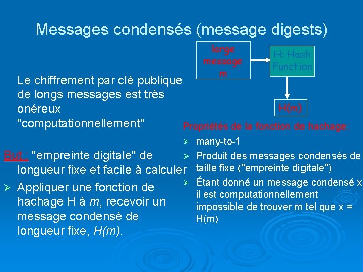 Messages condensés (message digests) large message m H: Hash Function Le chiffrement par clé