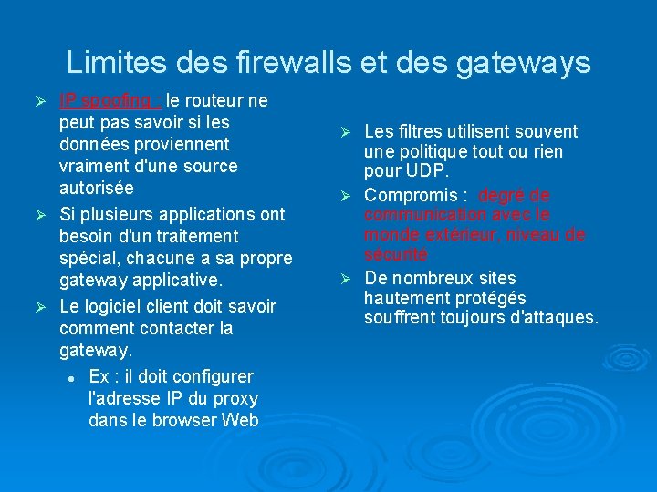 Limites des firewalls et des gateways IP spoofing : le routeur ne peut pas