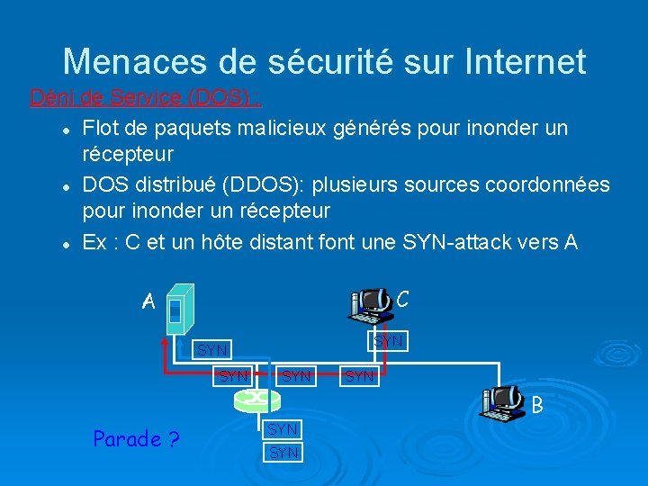 Menaces de sécurité sur Internet Déni de Service (DOS) : l Flot de paquets