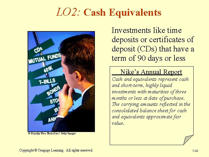 LO 2: Cash Equivalents Investments like time deposits or certificates of deposit (CDs) that