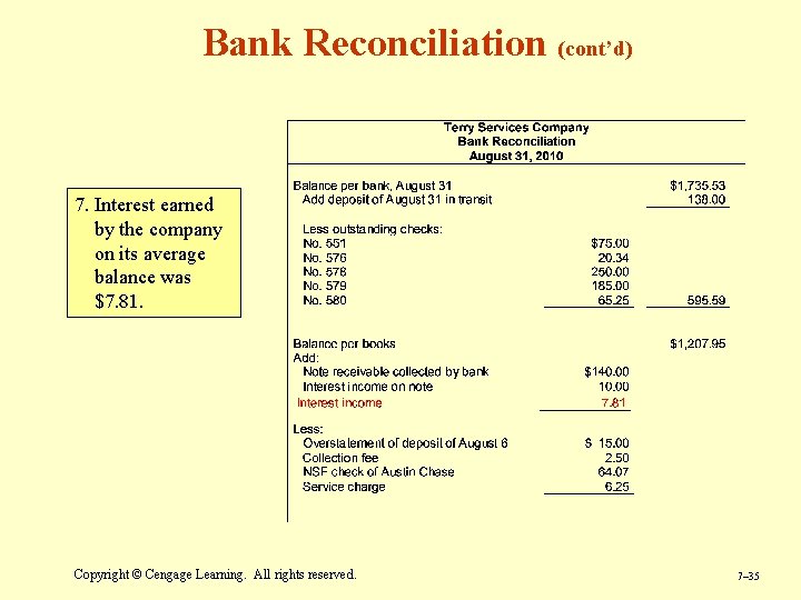 Bank Reconciliation (cont’d) 7. Interest earned by the company on its average balance was