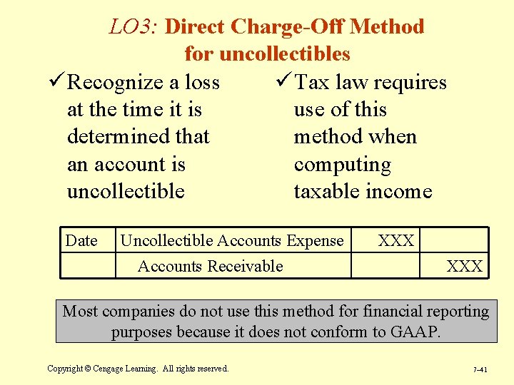 LO 3: Direct Charge-Off Method for uncollectibles ü Recognize a loss ü Tax law