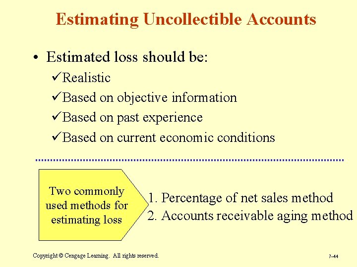 Estimating Uncollectible Accounts • Estimated loss should be: üRealistic üBased on objective information üBased