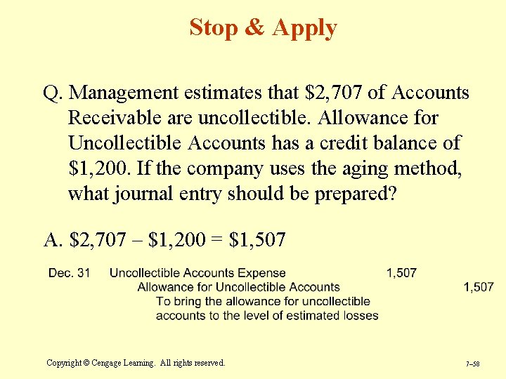 Stop & Apply Q. Management estimates that $2, 707 of Accounts Receivable are uncollectible.