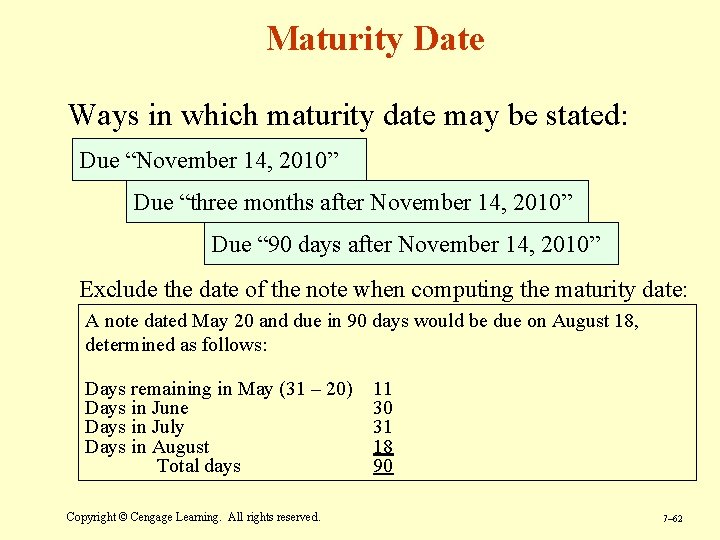 Maturity Date Ways in which maturity date may be stated: Due “November 14, 2010”