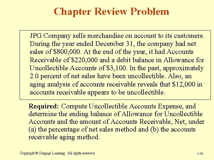 Chapter Review Problem JPG Company sells merchandise on account to its customers. During the