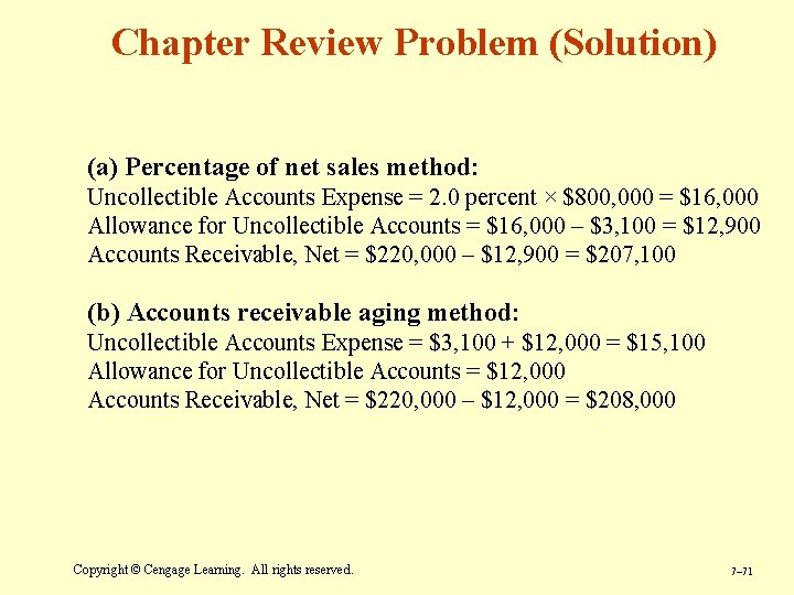Chapter Review Problem (Solution) (a) Percentage of net sales method: Uncollectible Accounts Expense =