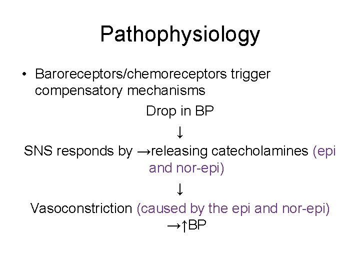 Pathophysiology • Baroreceptors/chemoreceptors trigger compensatory mechanisms Drop in BP ↓ SNS responds by →releasing