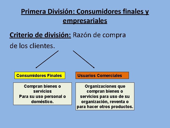 Primera División: Consumidores finales y empresariales Criterio de división: Razón de compra de los