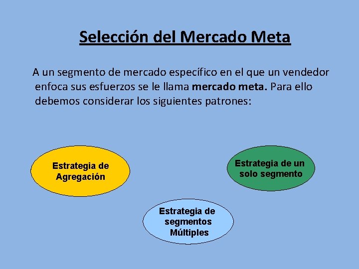 Selección del Mercado Meta A un segmento de mercado específico en el que un