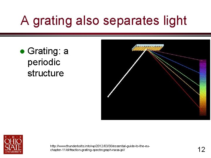 A grating also separates light Grating: a periodic structure http: //www. thunderbolts. info/wp/2012/03/30/essential-guide-to-the-euchapter-11/diffraction-grating-spectrograph-nasa-jpl/ 12