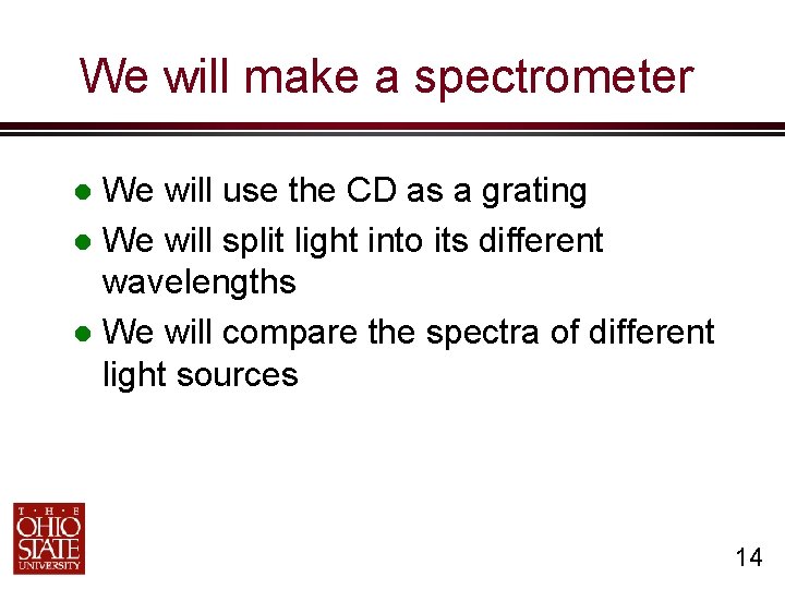 We will make a spectrometer We will use the CD as a grating We