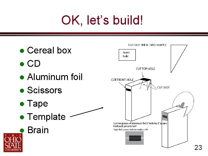 OK, let’s build! Cereal box CD Aluminum foil Scissors Tape Template Brain 23 