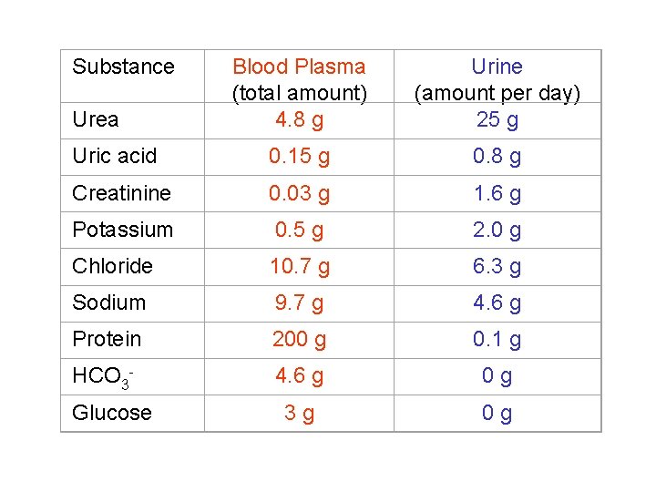 Substance Blood Plasma (total amount) 4. 8 g Urine (amount per day) 25 g Substance Blood Plasma (total amount) 4. 8 g Urine (amount per day) 25 g