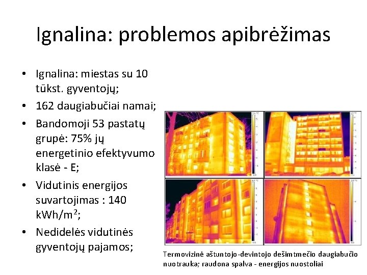 Ignalina: problemos apibrėžimas • Ignalina: miestas su 10 tūkst. gyventojų; • 162 daugiabučiai namai;