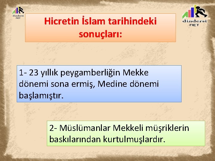 Hicretin İslam tarihindeki sonuçları: 1 - 23 yıllık peygamberliğin Mekke dönemi sona ermiş, Medine