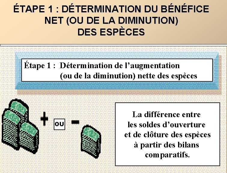 ÉTAPE 1 : DÉTERMINATION DU BÉNÉFICE NET (OU DE LA DIMINUTION) DES ESPÈCES Étape