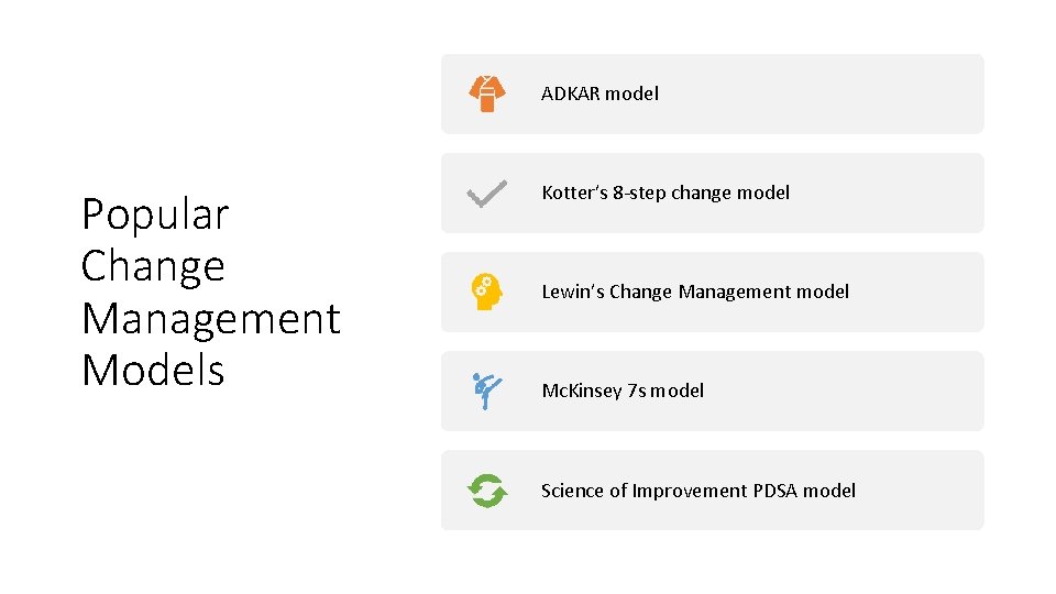 ADKAR model Popular Change Management Models Kotter’s 8 -step change model Lewin’s Change Management