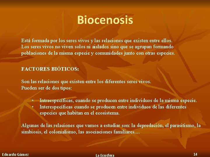 Biocenosis Está formada por los seres vivos y las relaciones que existen entre ellos.