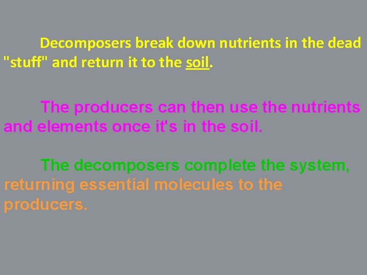 Decomposers break down nutrients in the dead "stuff" and return it to the soil.