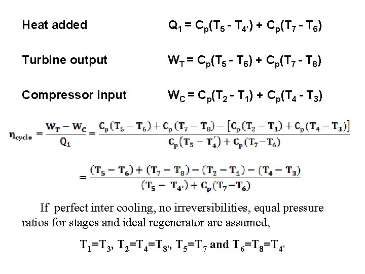 Heat added Q 1 = Cp(T 5 - T 4’) + Cp(T 7 -