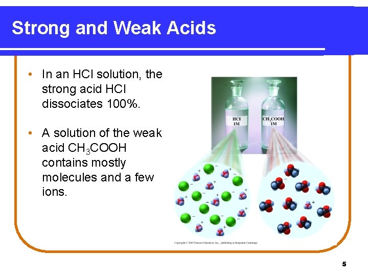 Strong and Weak Acids • In an HCl solution, the strong acid HCl dissociates