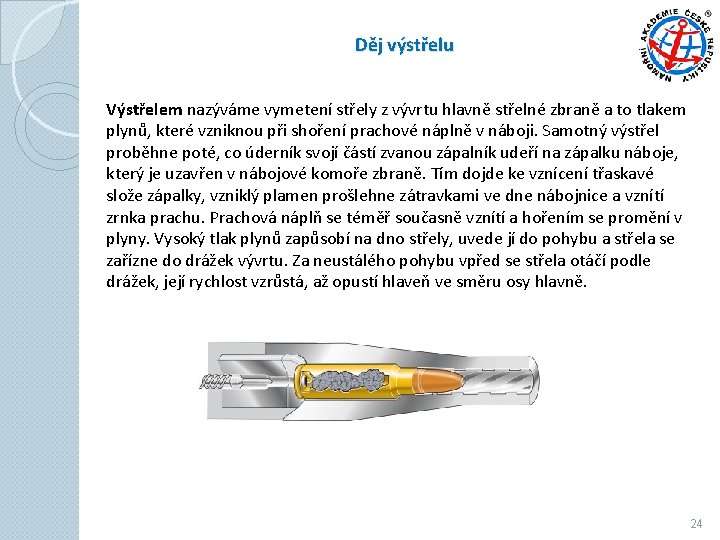 Děj výstřelu Výstřelem nazýváme vymetení střely z vývrtu hlavně střelné zbraně a to tlakem Děj výstřelu Výstřelem nazýváme vymetení střely z vývrtu hlavně střelné zbraně a to tlakem