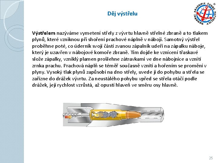 Děj výstřelu Výstřelem nazýváme vymetení střely z vývrtu hlavně střelné zbraně a to tlakem Děj výstřelu Výstřelem nazýváme vymetení střely z vývrtu hlavně střelné zbraně a to tlakem