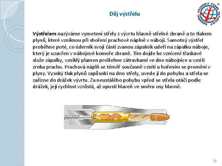 Děj výstřelu Výstřelem nazýváme vymetení střely z vývrtu hlavně střelné zbraně a to tlakem Děj výstřelu Výstřelem nazýváme vymetení střely z vývrtu hlavně střelné zbraně a to tlakem