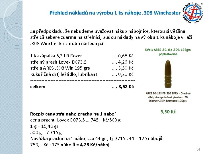 Přehled nákladů na výrobu 1 ks náboje. 308 Winchester Za předpokladu, že nebudeme uvažovat Přehled nákladů na výrobu 1 ks náboje. 308 Winchester Za předpokladu, že nebudeme uvažovat