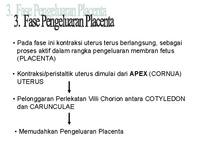  • Pada fase ini kontraksi uterus berlangsung, sebagai proses aktif dalam rangka pengeluaran