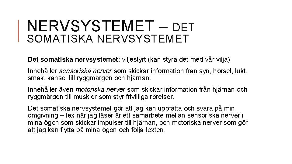 NERVSYSTEMET – DET SOMATISKA NERVSYSTEMET Det somatiska nervsystemet: viljestyrt (kan styra det med vår